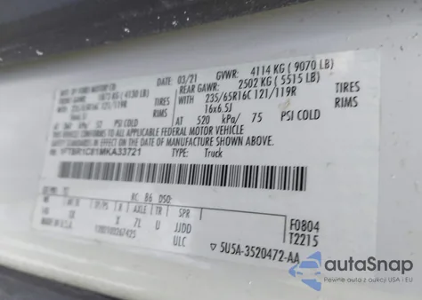 2021 Ford Transit-250 z USA, uszkodzony, nr VIN 1FTBR1C81MKA33721